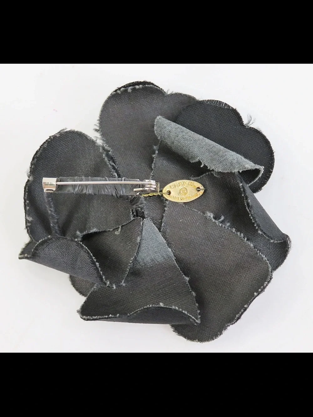 CHANEL Black Camellia Fabric Flower Pin